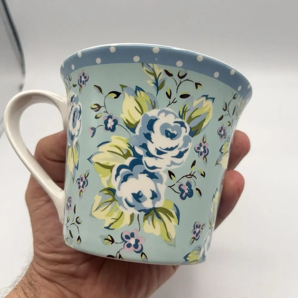 Pier 1 Imports Blue Floral Polka Dot Rim Coffee/Tea Cup Mug